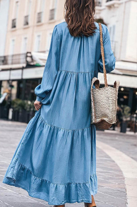 CD | Rochie maxi din denim cu mâneci lungi, decolteu în V și volane