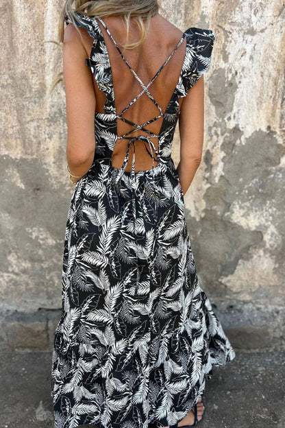 CD | Elegant hollow cravată pană imprimare mânecă volan rochie maxi