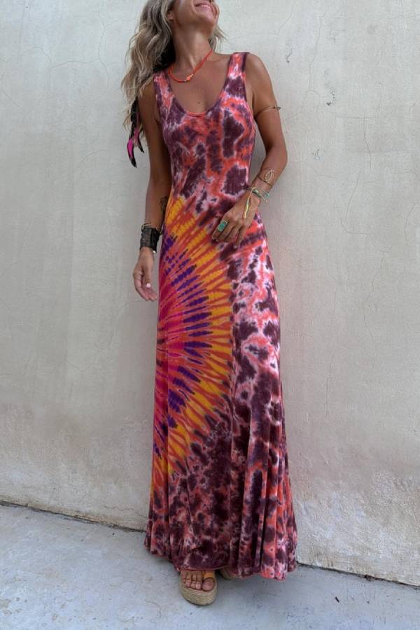 CD | Boho Happiness Rochie maxi extensibilă cu dantelă la spate și imprimeu Tie-dye (cu sutien integrat)