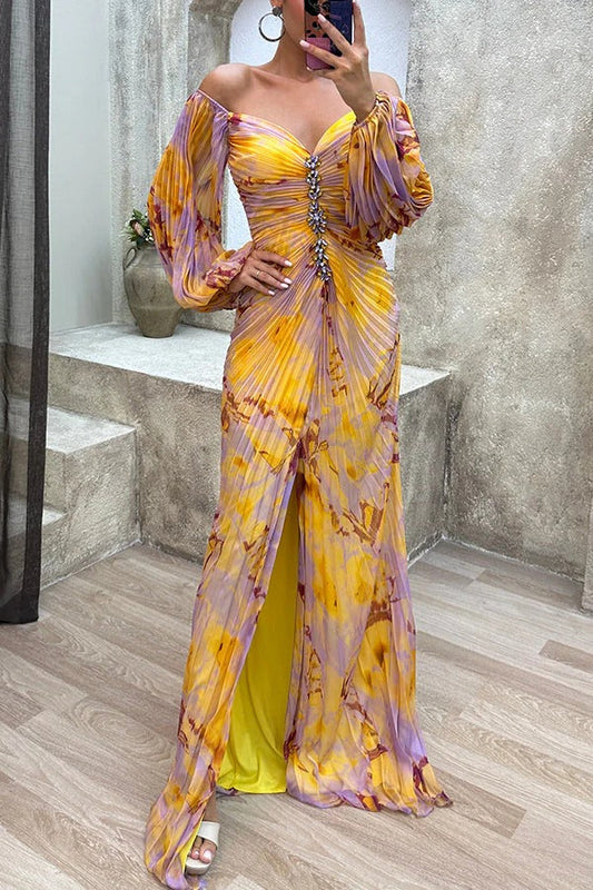 CD | Sunset Serenade Rochie maxi imprimată cu diamante fără umeri, cu pliuri și crăpătură