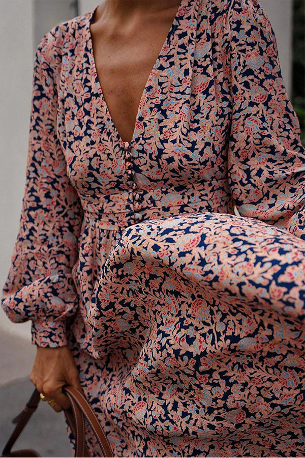 CD | Rochie maxi cu nasturi, cu imprimeu floral multicolor și decolteu plonjant