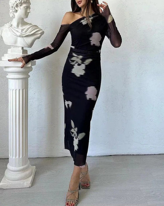 CD : Rochie din sifon imprimat cu umerii goi
