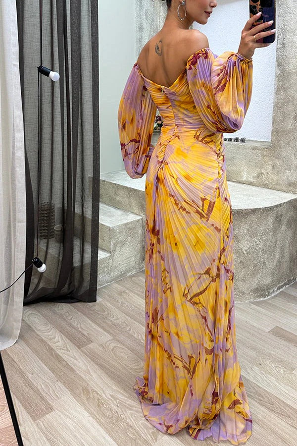 CD | Sunset Serenade Rochie maxi imprimată cu diamante fără umeri, cu pliuri și crăpătură
