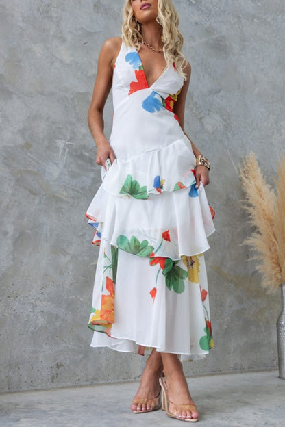 CD | REFRESHING FLORALE IMPRIMARE SPATE DANTELĂ-UP MULTI-TEIR RUFFLE TIV ROCHIE MAXI