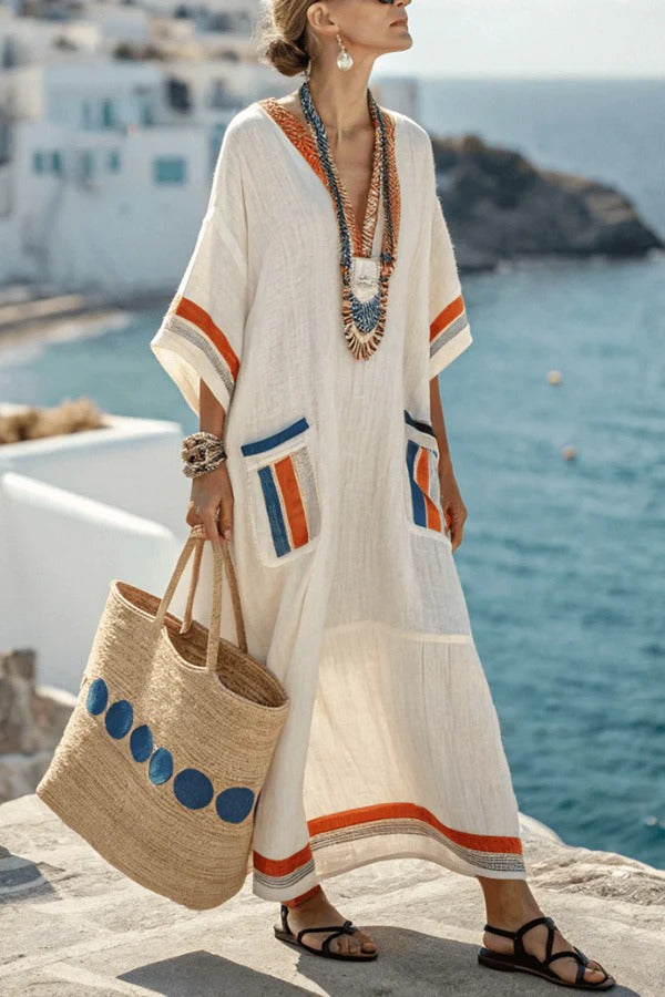 CD | Striped print V-neck Casual rochie maxi cu buzunar