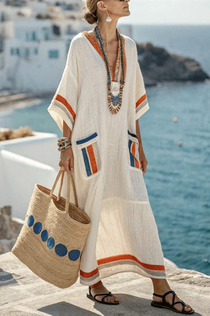 CD | Striped print V-neck Casual rochie maxi cu buzunar
