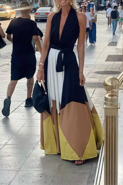CD | Colorblock Lace-up Backless Sexy rochie lungă Swing