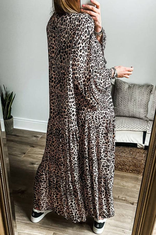 CD | Rochie maxi cu dungi și mâneci largi, cu imprimeu leopard, caise