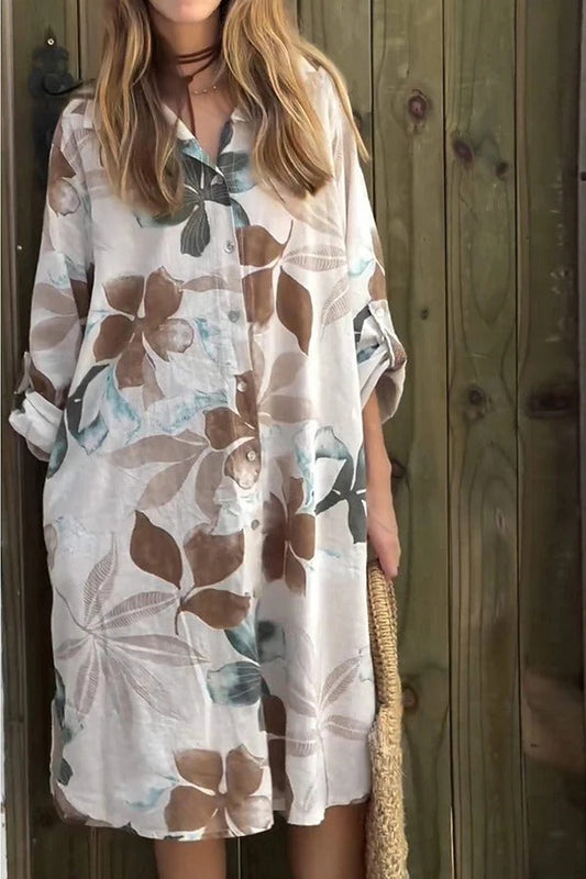 CD | Botanical Print Rochie midi lejeră cu mâneci lungi, cu o singură pieptănătură și buzunare