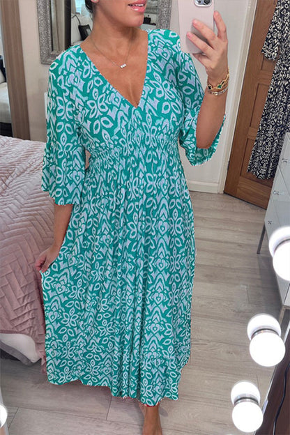 CD | Bohème casual print V-neck waist wrap rochie lungă