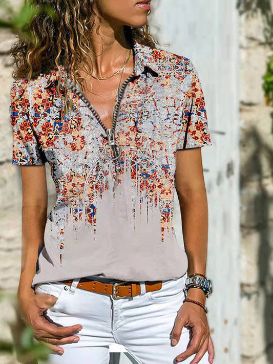 CD | Bohemian West Etnic Zip Top tricou cu maneca scurta