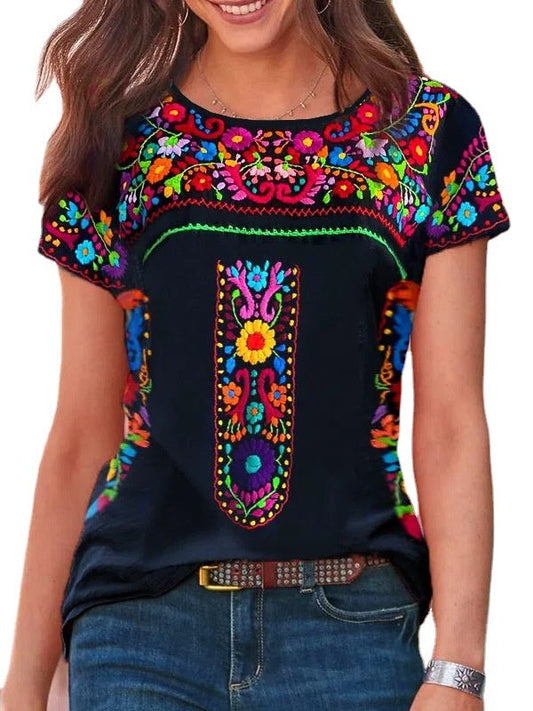 CD | Boho Print rotund gât scurt maneca tricou Top