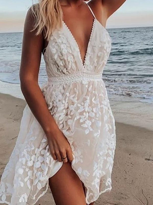 CD | Lace V-neck deschis înapoi sling talie mini rochie suspensie