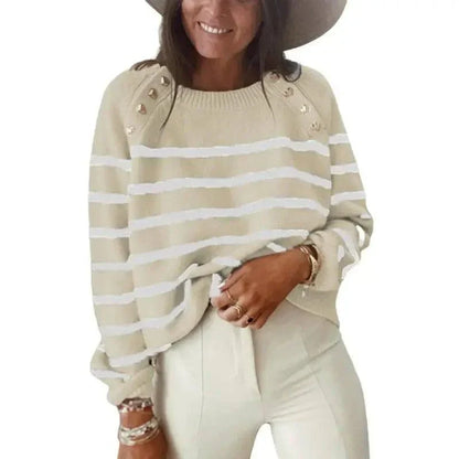 Striped Sweater Pullover Shoulder Button Sweater Women-5