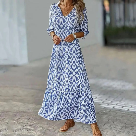 CD | Rochie maxi pentru femei - relaxată - gât în V - imprimeu Ikat - mâneci 3/4 - amestec respirabil