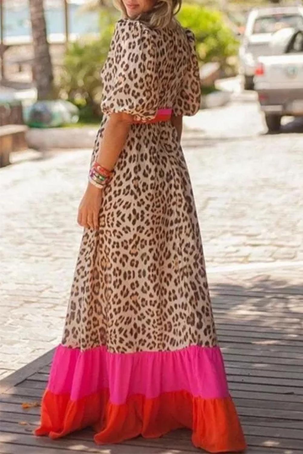 CD | Rochie maxi cu imprimeu leopard și mâneci bufante pentru femei