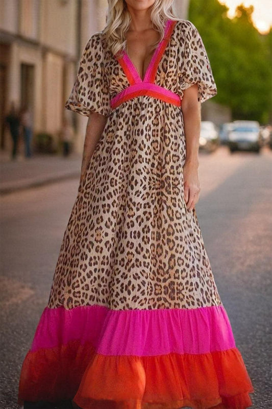 CD | Rochie maxi cu imprimeu leopard și mâneci bufante pentru femei