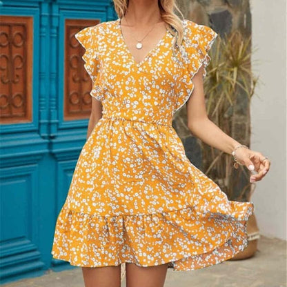 CD | Ladies Dress Boho Floral Ruffle scurt Mini rochie