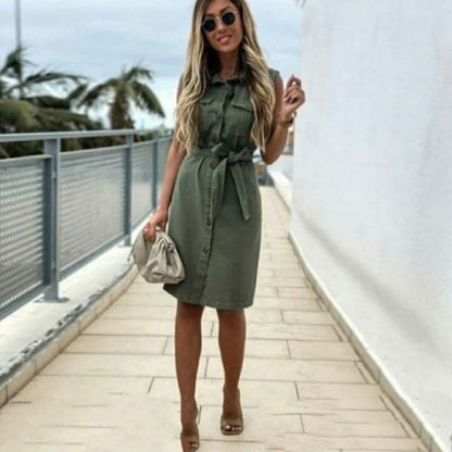 CD | femei de epocă față buton sash strat rochie de partid fără mâneci rândul său, în jos guler casual mini rochie de vară moda rochie nouă
