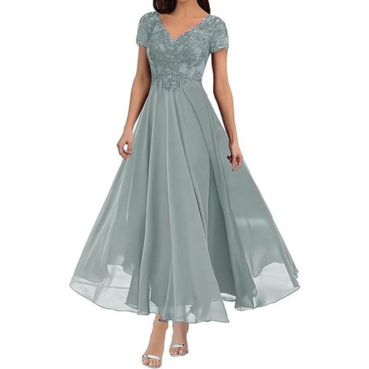 CD | Rochie maxi pentru femei - corset din dantelă - decolteu în V - mâneci scurte - fustă fluidă - ținută formală