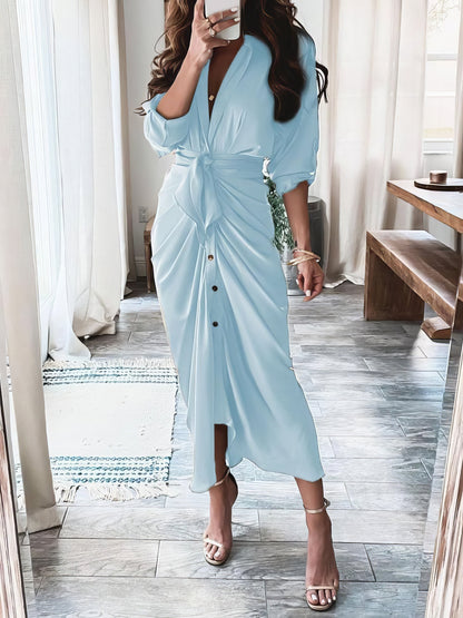 CD | Vara V-neck buton solid rochie lungă