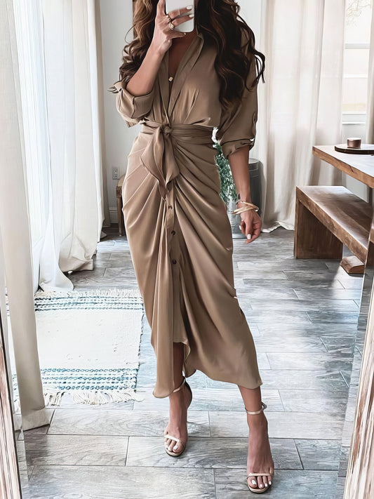 CD | Vara V-neck buton solid rochie lungă