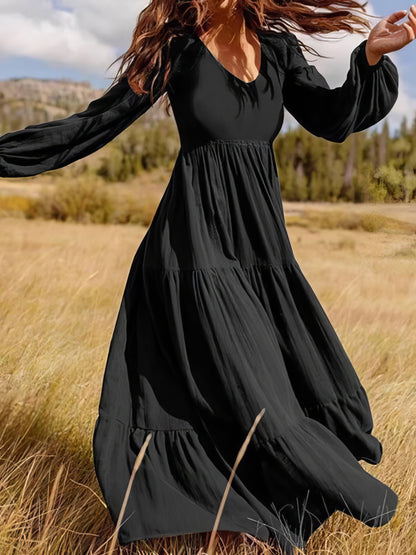 CD Temperament V-Neck Long Sleeve Flowing Dress