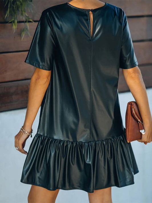 CD | Rochie mini din piele artificială cu volane și mâneci scurte