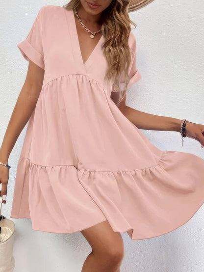 CD | Solid V-neck cu mânecă scurtă rochie mini
