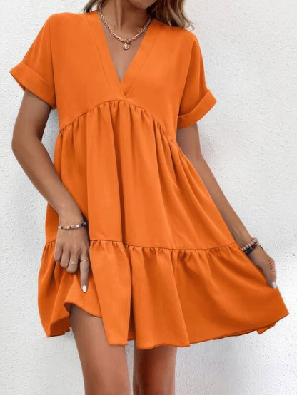 CD | Solid V-neck cu mânecă scurtă rochie mini