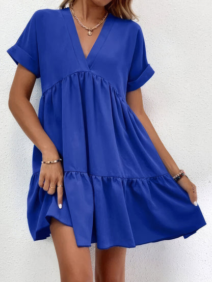 CD | Solid V-neck cu mânecă scurtă rochie mini